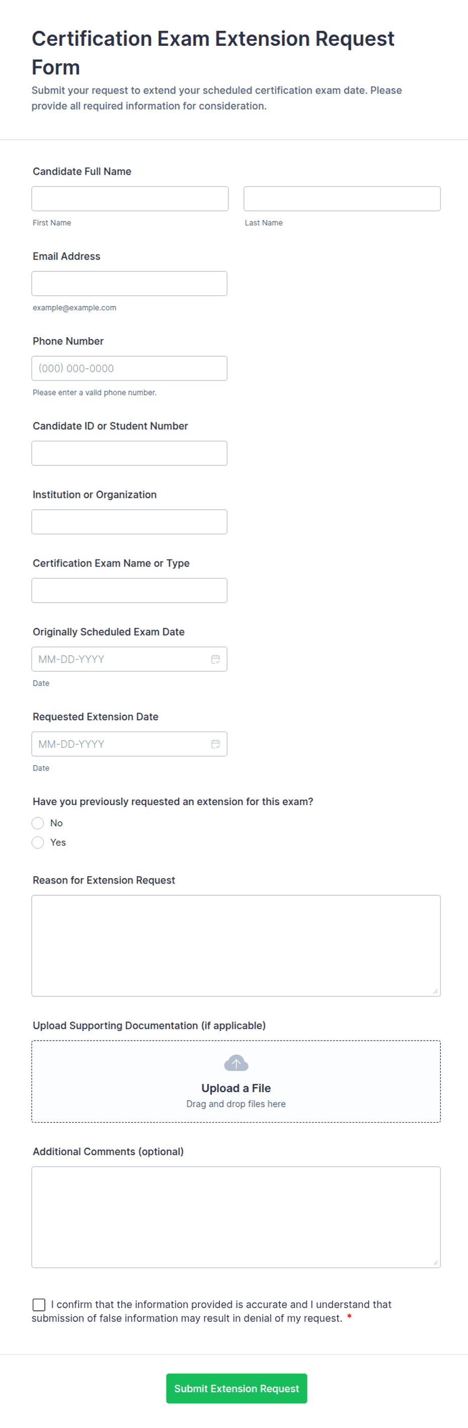Certification Exam Extension Request Form Template | Jotform