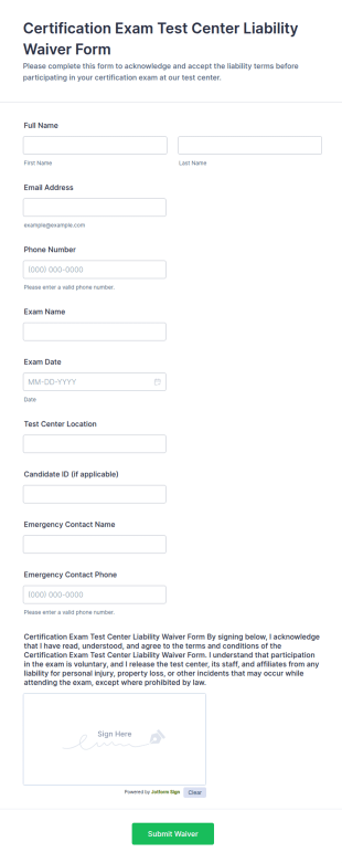 Certification Exam Test Center Liability Waiver Form Template