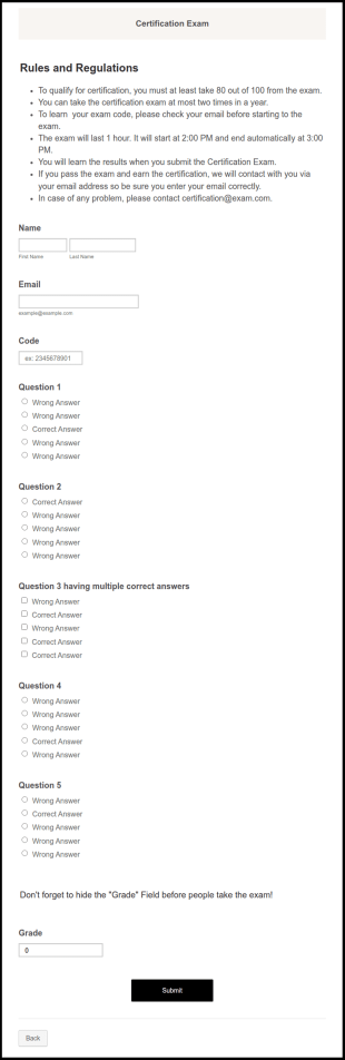 Certification Exam Form Template