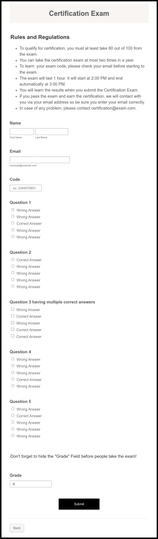 Certification Exam Form Template
