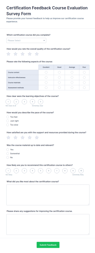 Certification Feedback Course Evaluation Survey Form Template