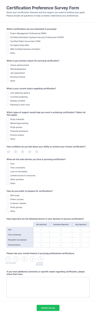 Certification Preference Survey Form Template