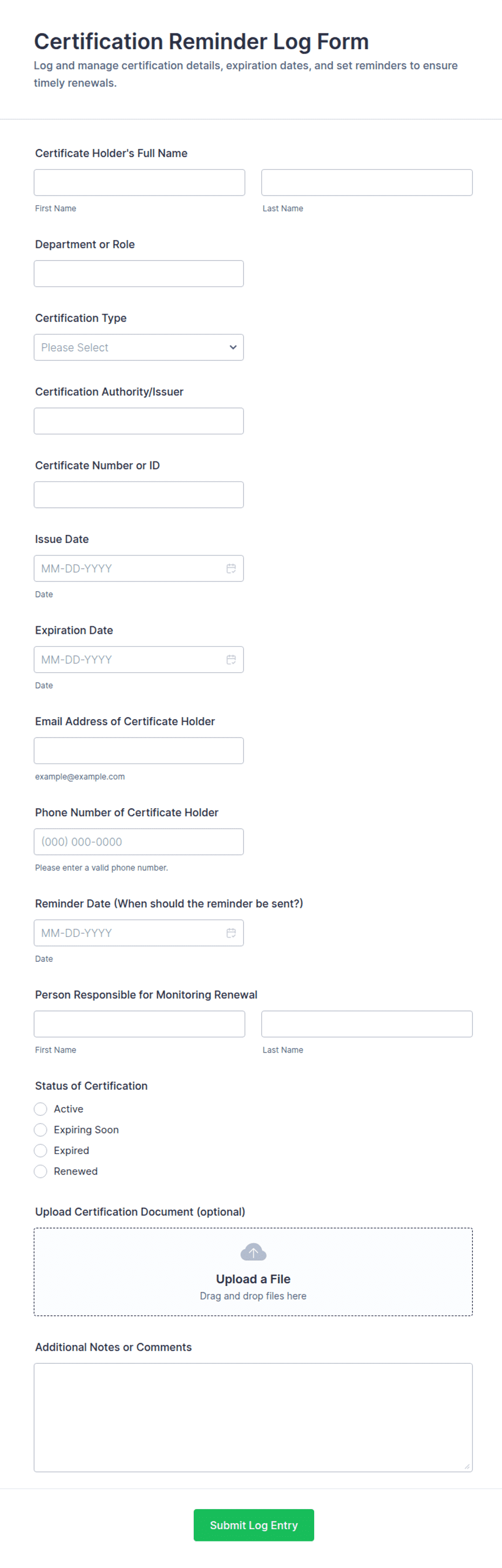 Certification Reminder Log Form Template | Jotform