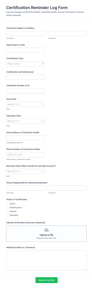 Certification Reminder Log Form Template