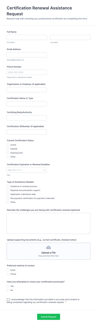Certification Renewal Assistance Request Form Template