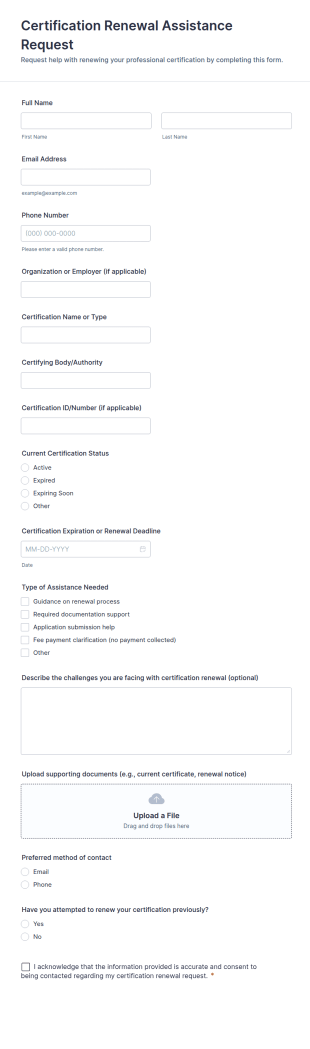 Certification Renewal Assistance Request Form Template