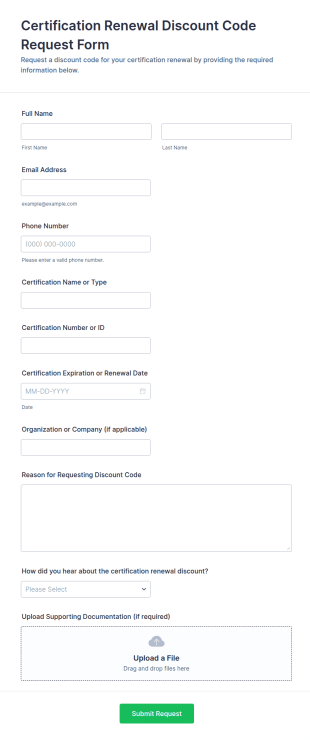 Certification Renewal Discount Code Request Form Template