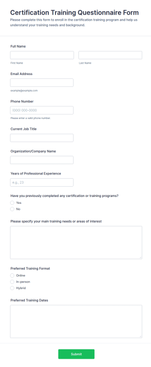 Certification Training Questionnaire Form Template