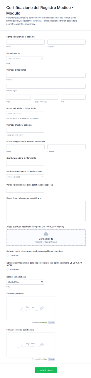 Certificazione Del Registro Medico Modulo