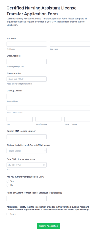 Certified Nursing Assistant License Transfer Application Form Template