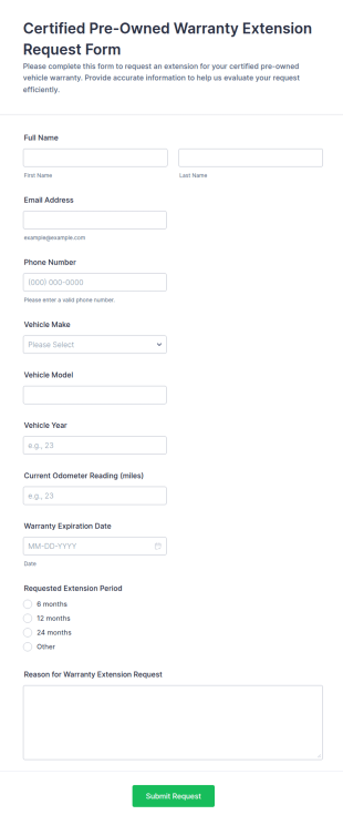 Certified Pre Owned Warranty Extension Request Form Template