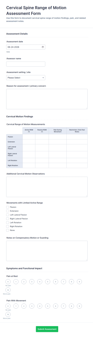 Cervical Spine Range Of Motion Assessment Form Template