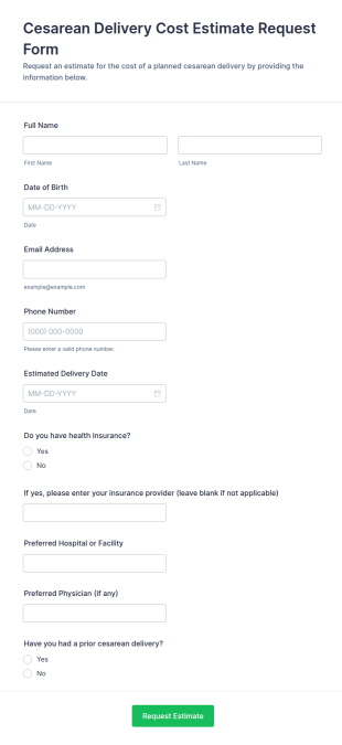 Cesarean Delivery Cost Estimate Request Form Template