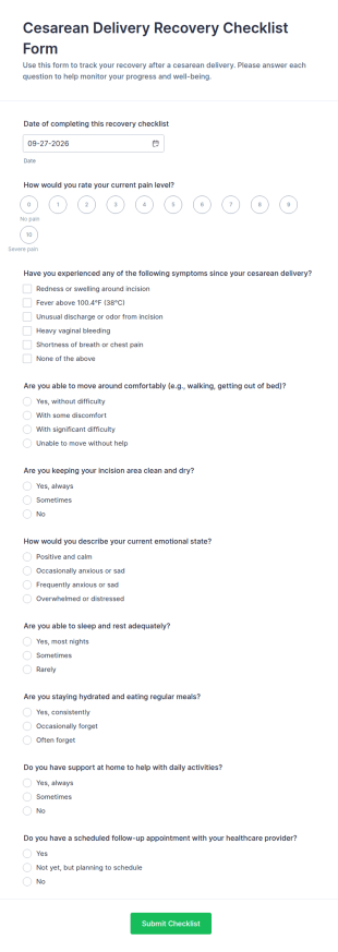Cesarean Delivery Recovery Checklist Form Template