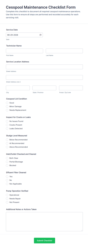 Cesspool Maintenance Checklist Form Template