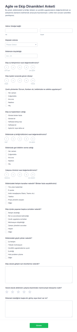 Çevik Ve Ekip Dinamikleri Anketi Form Şablonu