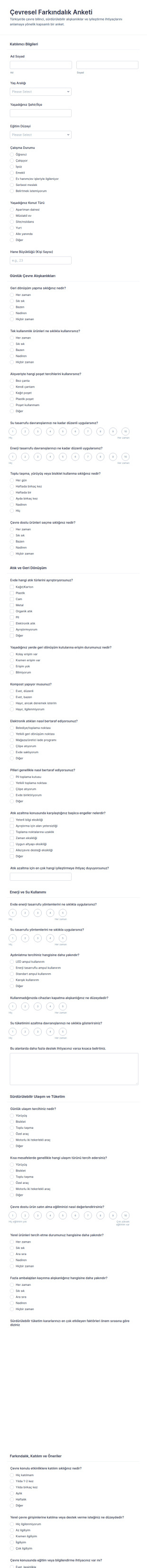 Çevre Farkındalığı Anketi Form Şablonu