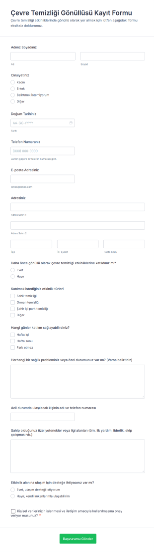 Çevre Temizliği Gönüllüsü Kayıt Form Şablonu