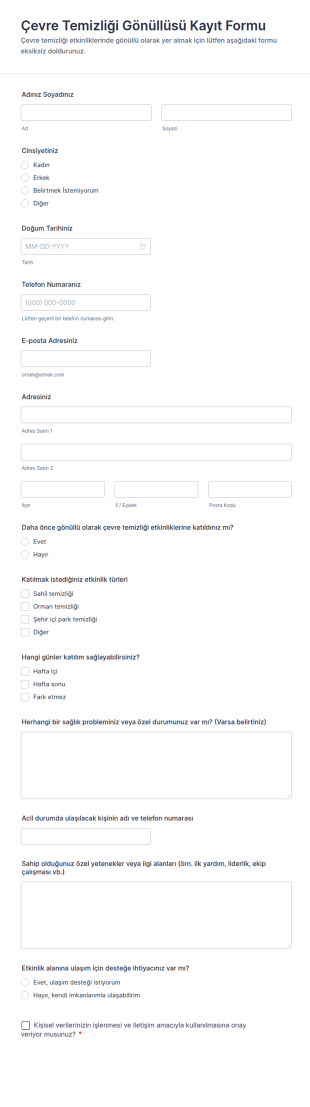 Çevre Temizliği Gönüllüsü Kayıt Form Şablonu