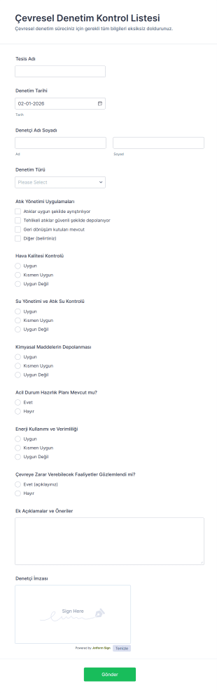 Çevresel Denetim Kontrol Listesi Form Şablonu
