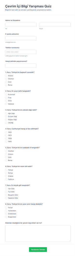 Çevrim İçi Bilgi Yarışması Quiz Form Şablonu