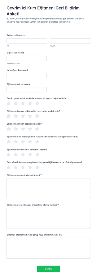 Çevrim İçi Kurs Eğitmeni Geri Bildirim Anketi Form Şablonu