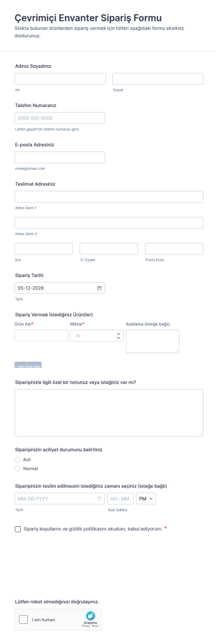 Çevrimiçi Envanter Sipariş Form Şablonu