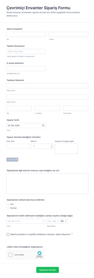 Çevrimiçi Envanter Sipariş Form Şablonu