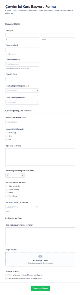 Çevrimiçi Kurs Başvuru Form Şablonu