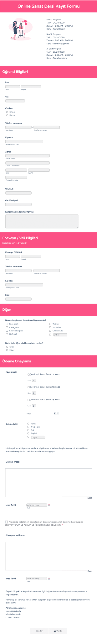 Çevrimiçi Sanat Dersi Kayıt Form Template