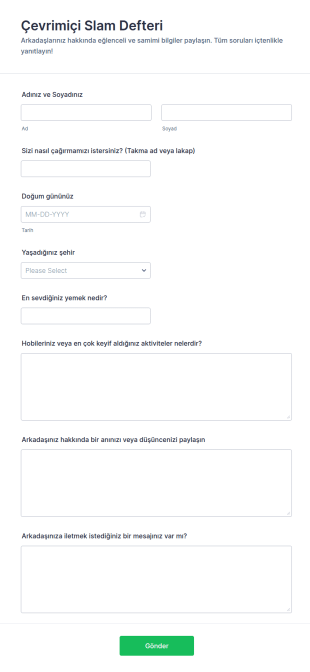 Çevrimiçi Slam Defteri Form Şablonu
