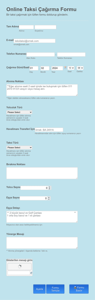 Çevrimiçi Taksi Çağırma Form Şablonu
