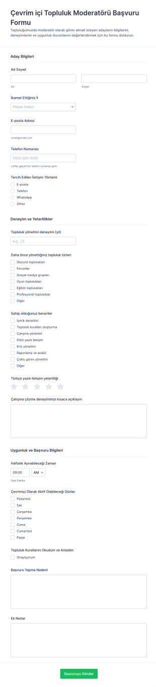 Çevrimiçi Topluluk Moderatör Başvuru Form Şablonu