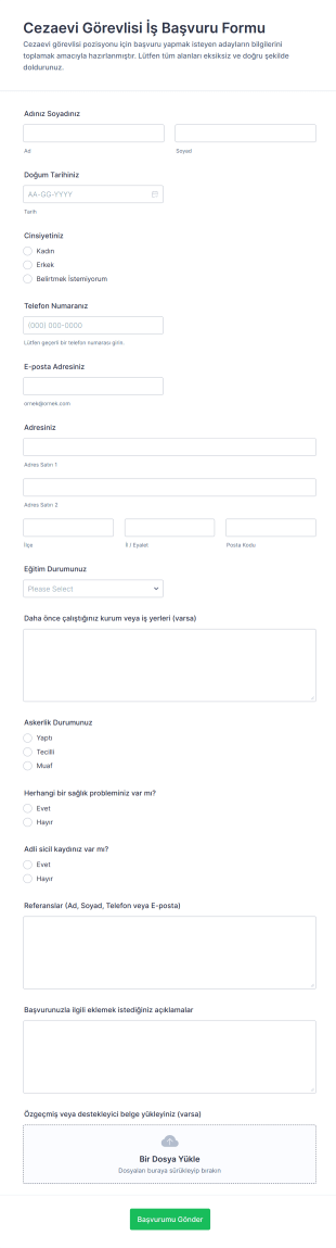 Cezaevi Görevlisi İş Başvuru Form Şablonu