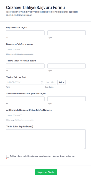 Cezaevi Tahliye Başvuru Form Şablonu