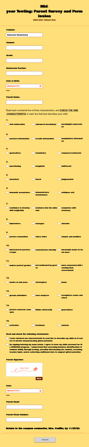 CFISD Horizons Parent Survey Form Template