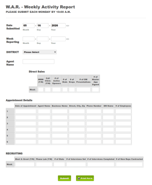 WAR Weekly Activity Report Form Template