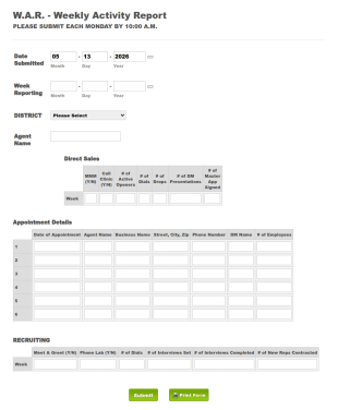 WAR Weekly Activity Report Form Template