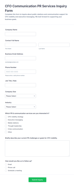 CFO Communication PR Services Inquiry Form Template