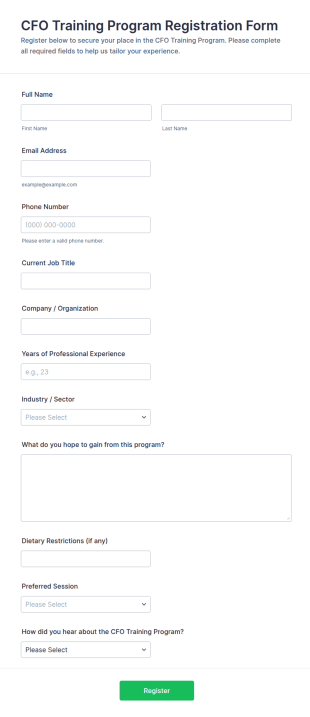 CFO Training Program Registration Form Template