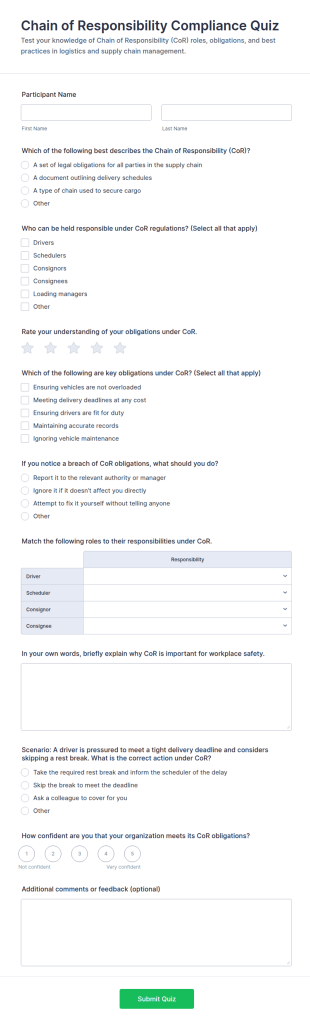 Chain Of Responsibility Compliance Quiz Form Template