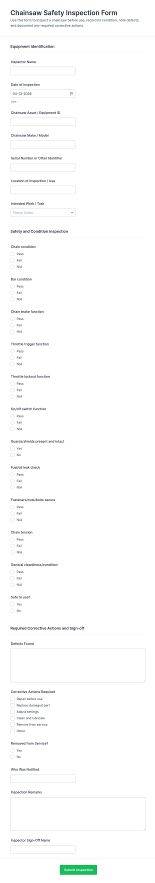 Chainsaw Safety Inspection Form Template