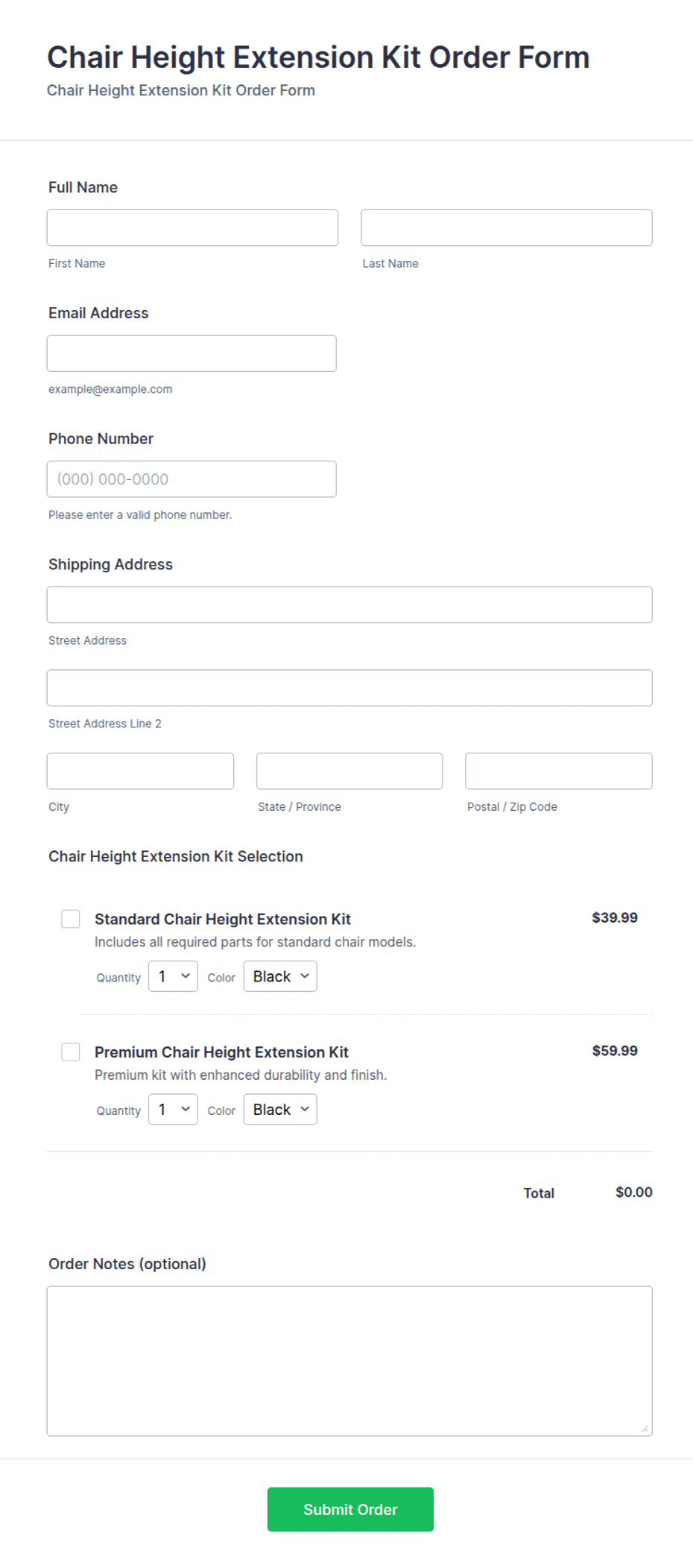 Chair Height Extension Kit Order Form Template | Jotform
