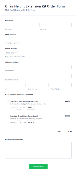 Chair Height Extension Kit Order Form Template
