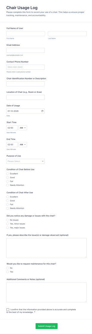 Chair Usage Log Form Template