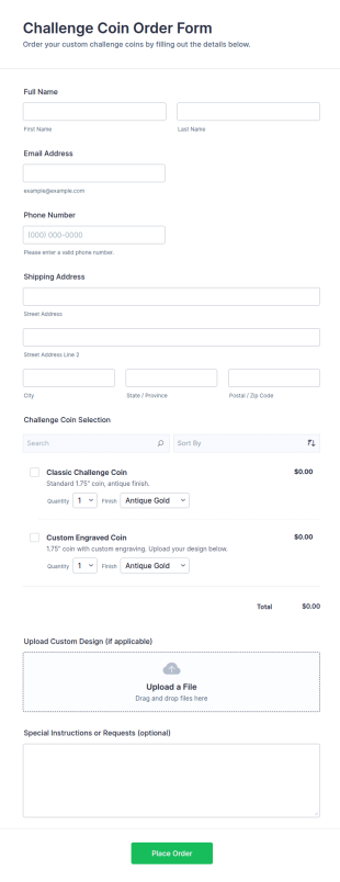 Challenge Coin Order Form Template
