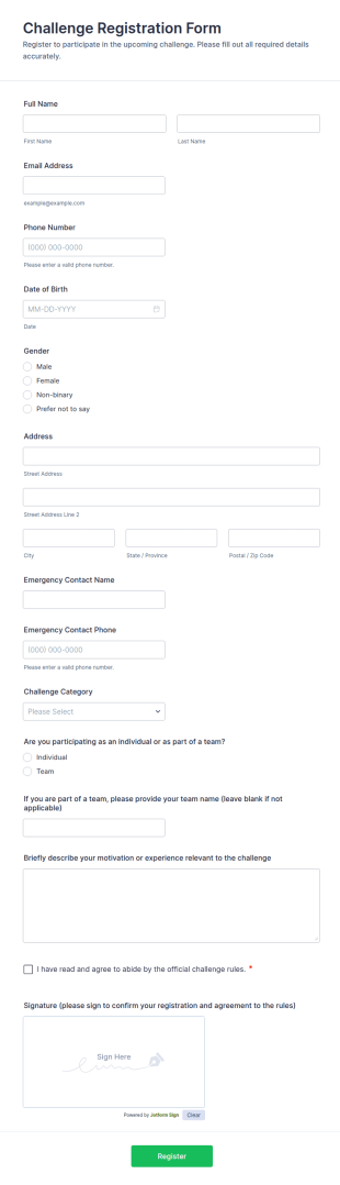 Challenge Registration Form Template