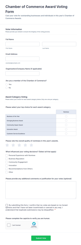 Chamber Of Commerce Award Voting Form Template