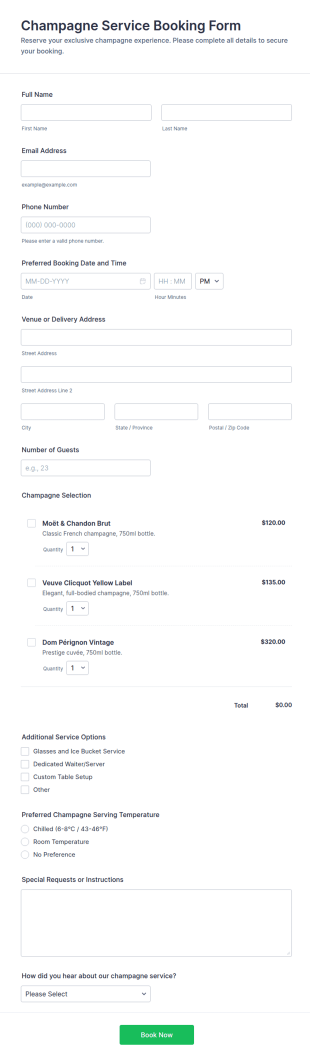 Champagne Service Booking Form Template
