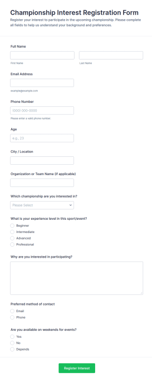 Championship Interest Registration Form Template